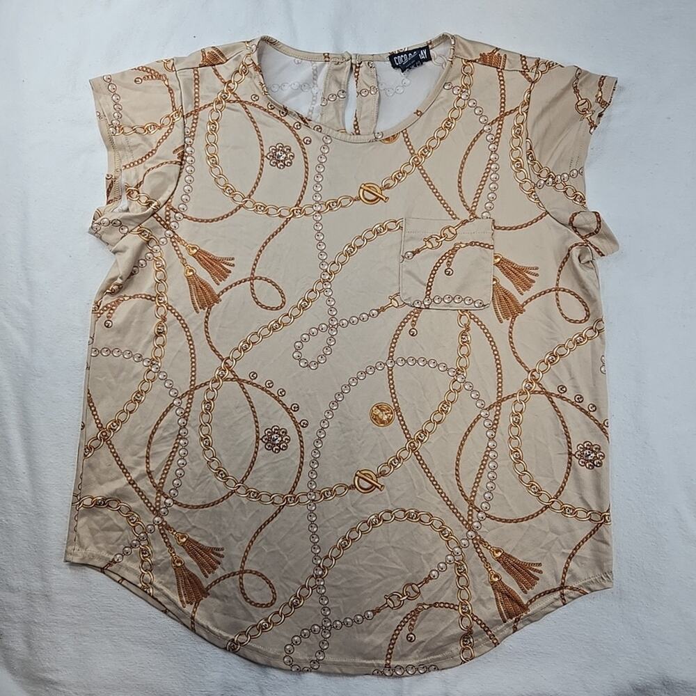 Coco & Shay Gold Chains Peals print Short Sleeve Top Gold Buttons Sz XL